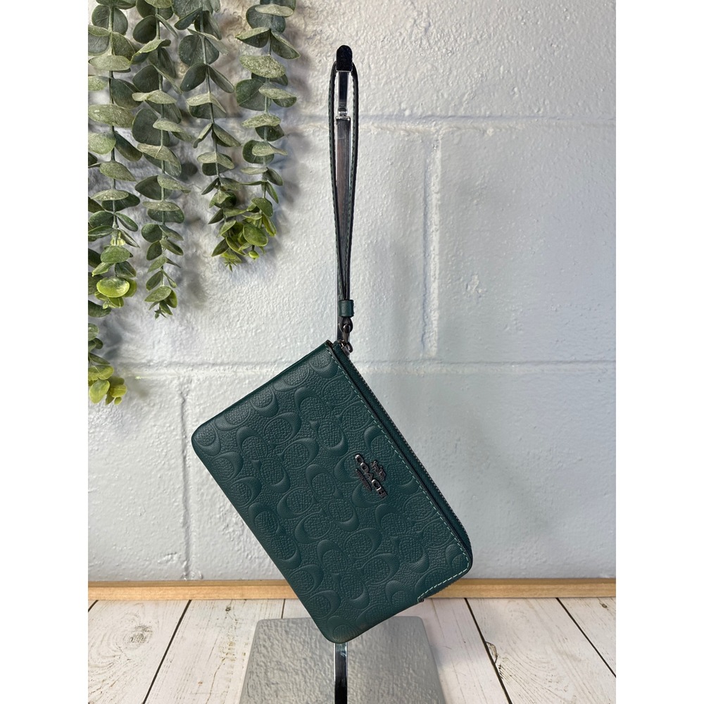 Coach Corner Zip Wristlet Dark Green Signature Embossed Leather Gunmetal Logo